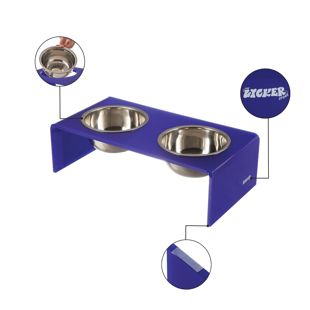 Keaton 5" Small/Medium Modern Acrylic Rectangular Elevated Pet Feeder with 20Oz 2-Stainless Steel Bowls, Purple/Chrome, DBL2000F