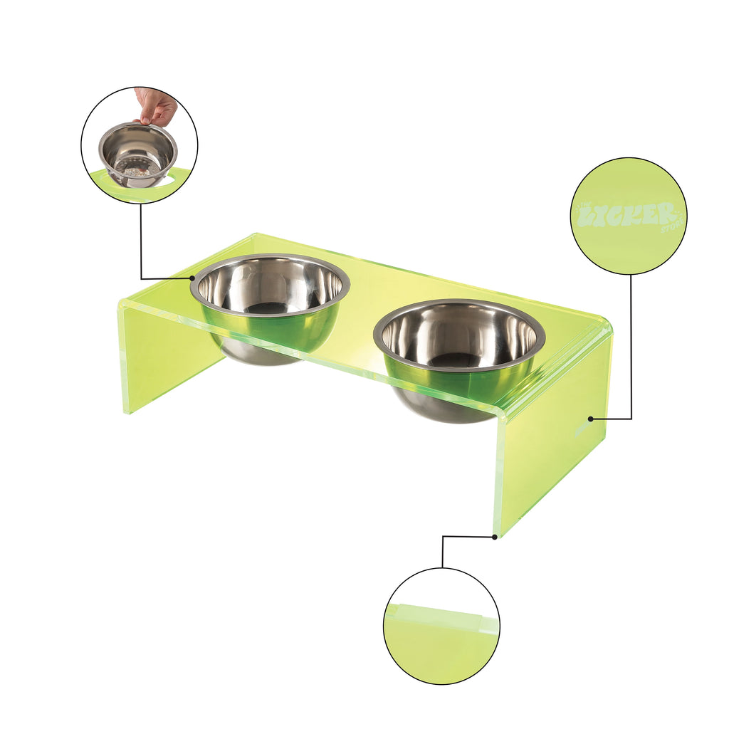 Keaton 7.5" Medium/Large Modern Acrylic Rectangular Elevated Pet Feeder with 54Oz 2-Stainless Steel Bowls, Green/Chrome, DBL2001G