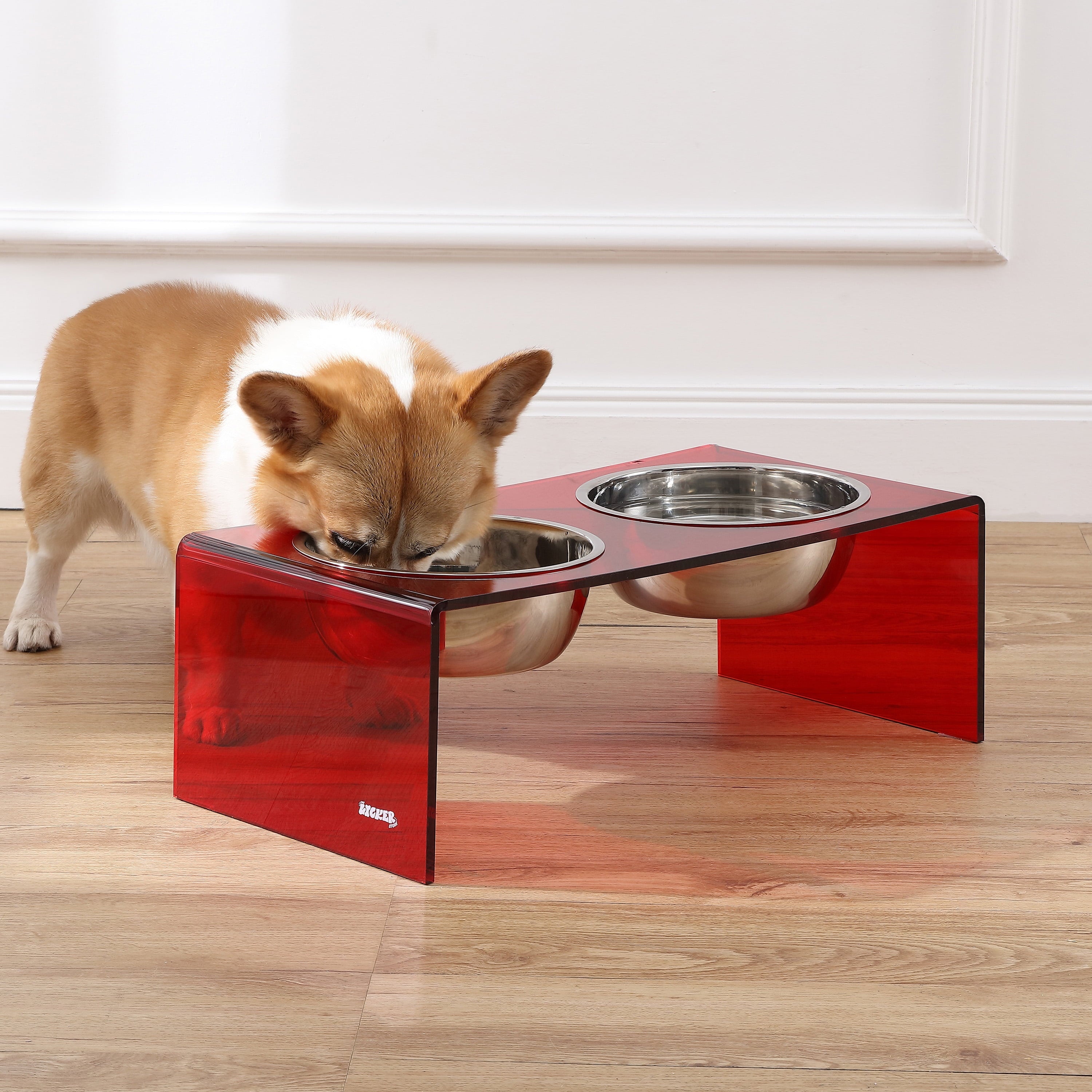 Keaton 7.5" Medium/Large Modern Acrylic Rectangular Elevated Pet Feeder with 54Oz 2-Stainless Steel Bowls, Red/Chrome, DBL2001H