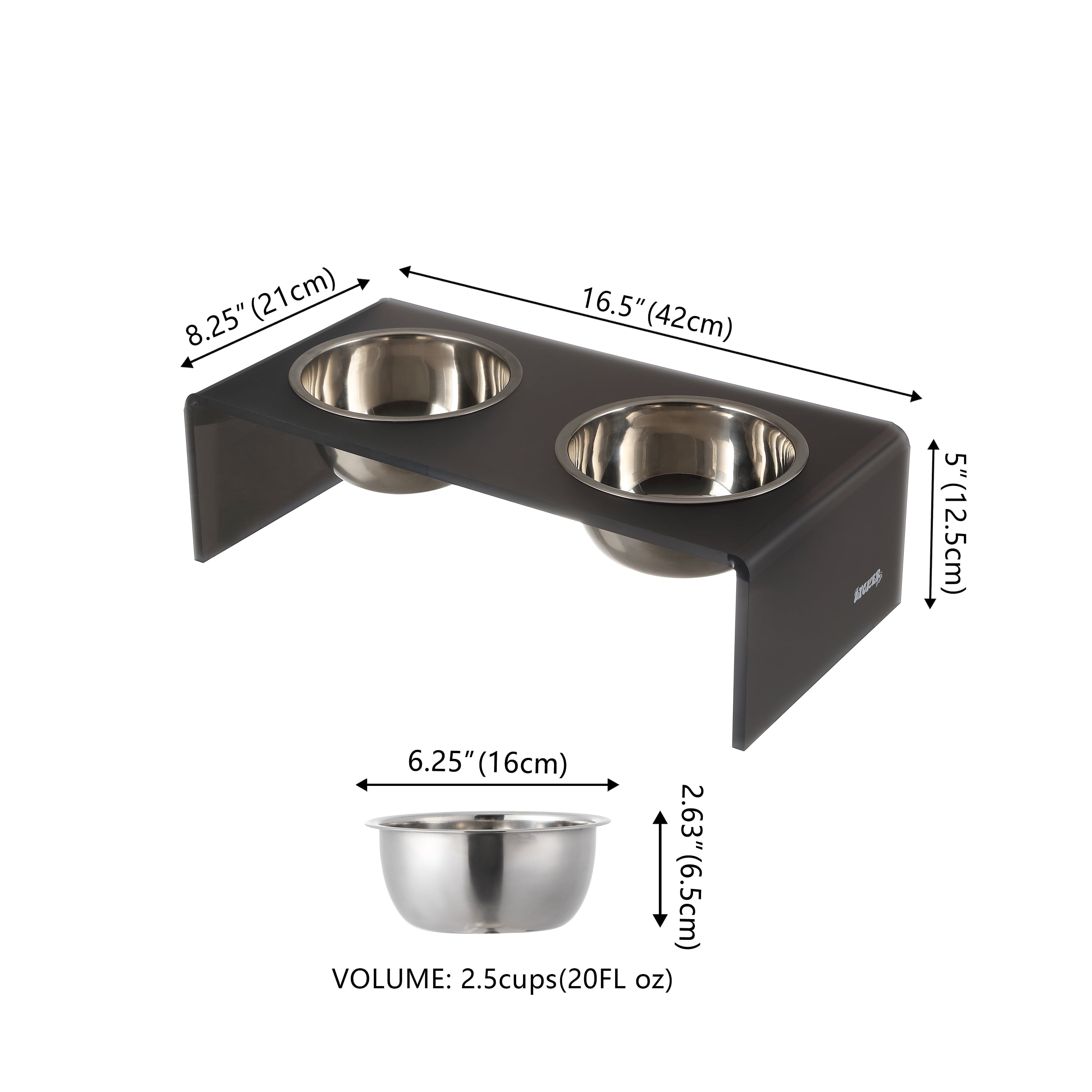 Keaton 5" Small/Medium Modern Acrylic Rectangular Elevated Pet Feeder with 20Oz 2-Stainless Steel Bowls, Dark Gray/Chrome, DBL2000J