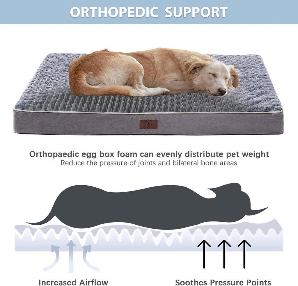 Orthopedic Large Dog Bed, Extra Large Waterproof Dog Bed with Removable Washable Cover & Anti-Slip Bottom,Egg Crate Foam Pet Bed Mat,Soft Rose Plush Pet Crate Mat