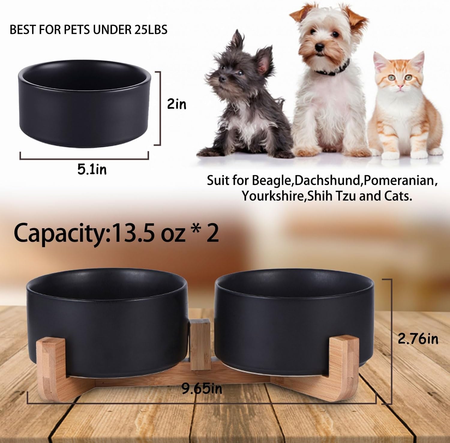 Ceramic Dog Cat Bowls Set with Stand,Black Pet Food and Water Bowl,Small Dog Bowls Cute Modern anti Slip Set of 2 Pet Feeder Small Size Pet Dish(13.5Oz/5.1 In)