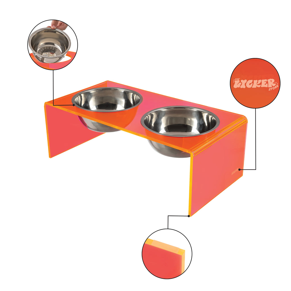 Keaton 5" Small/Medium Modern Acrylic Rectangular Elevated Pet Feeder with 20Oz 2-Stainless Steel Bowls, Pink/Chrome, DBL2000E