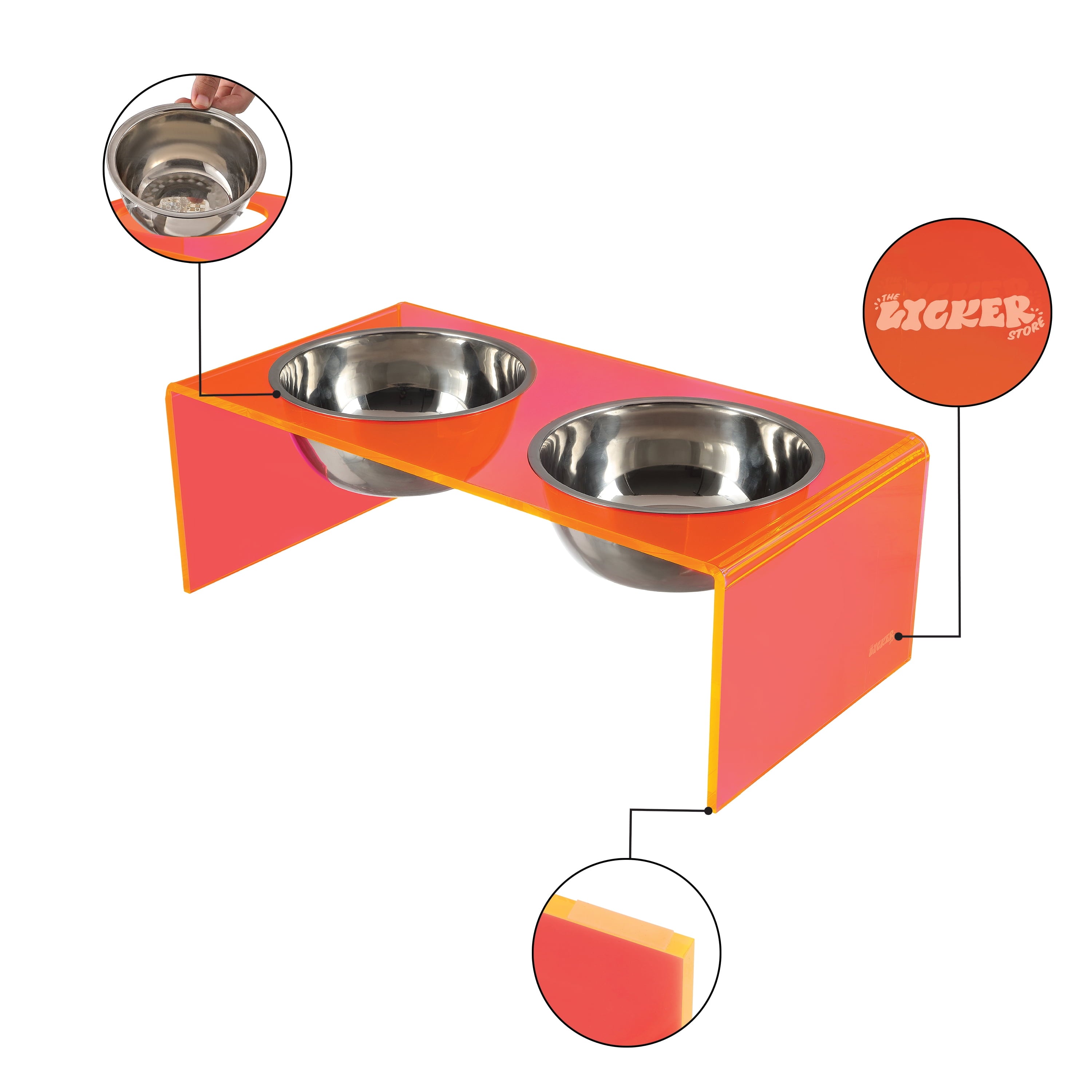 Keaton 5" Small/Medium Modern Acrylic Rectangular Elevated Pet Feeder with 20Oz 2-Stainless Steel Bowls, Pink/Chrome, DBL2000E