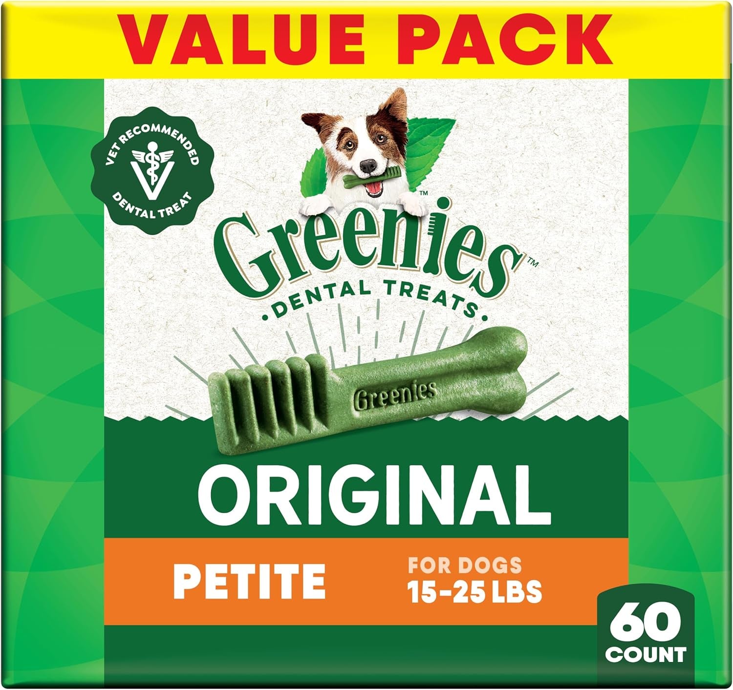 Veterinarian-Recommended Adult Natural Dental Dog Treats Petite Size, Dog Dental Chews, Original Flavor, 36 Oz. Pack, 60 Count