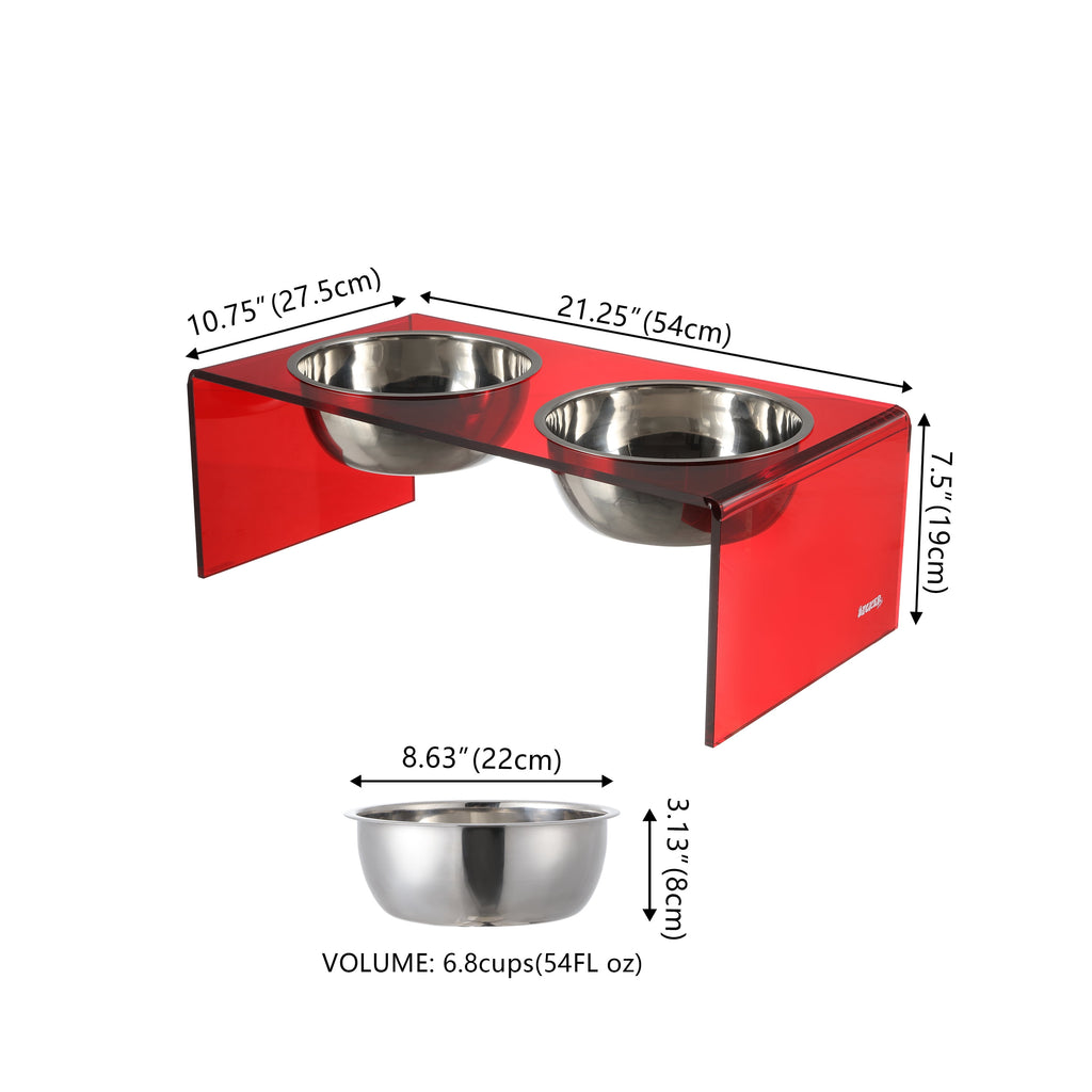 Keaton 7.5" Medium/Large Modern Acrylic Rectangular Elevated Pet Feeder with 54Oz 2-Stainless Steel Bowls, Red/Chrome, DBL2001H
