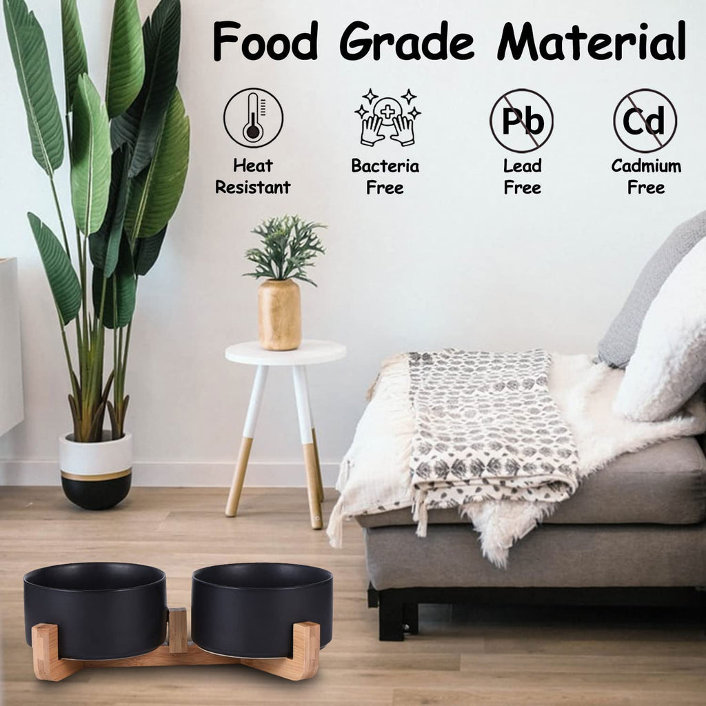 Ceramic Dog Cat Bowls Set with Stand,Black Pet Food and Water Bowl,Small Dog Bowls Cute Modern anti Slip Set of 2 Pet Feeder Small Size Pet Dish(13.5Oz/5.1 In)